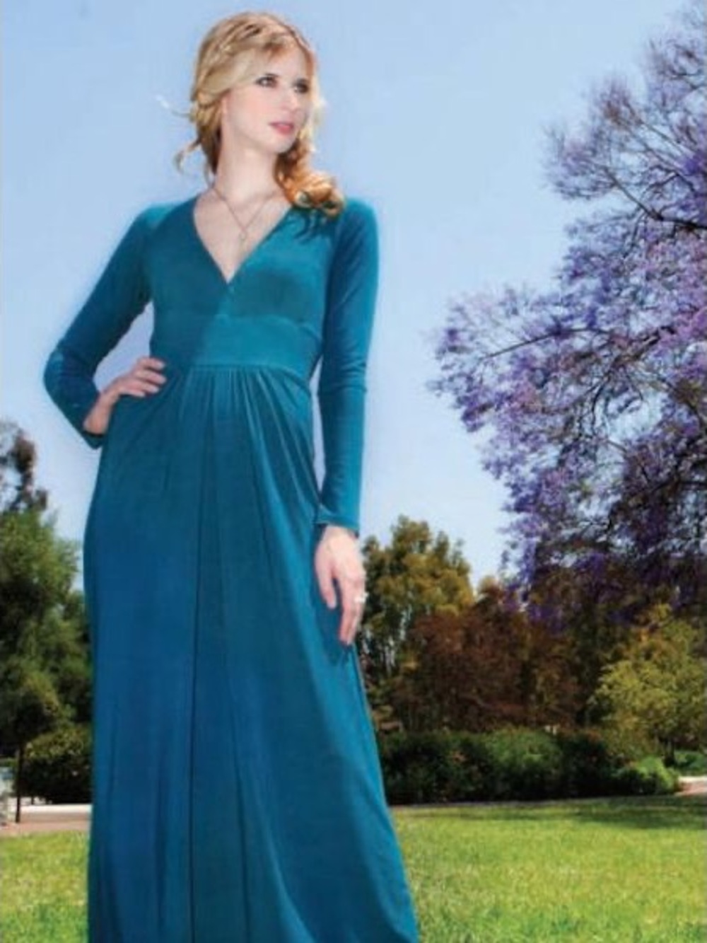 Teal EcoSkin Tall NWT Gemini Maxi Gown Dress Stretchy Comfy Deep V-Neck USA Made